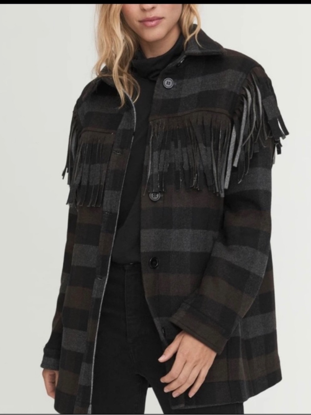 Something Navy Georgia Plaid Fringe Shacket Size Medium